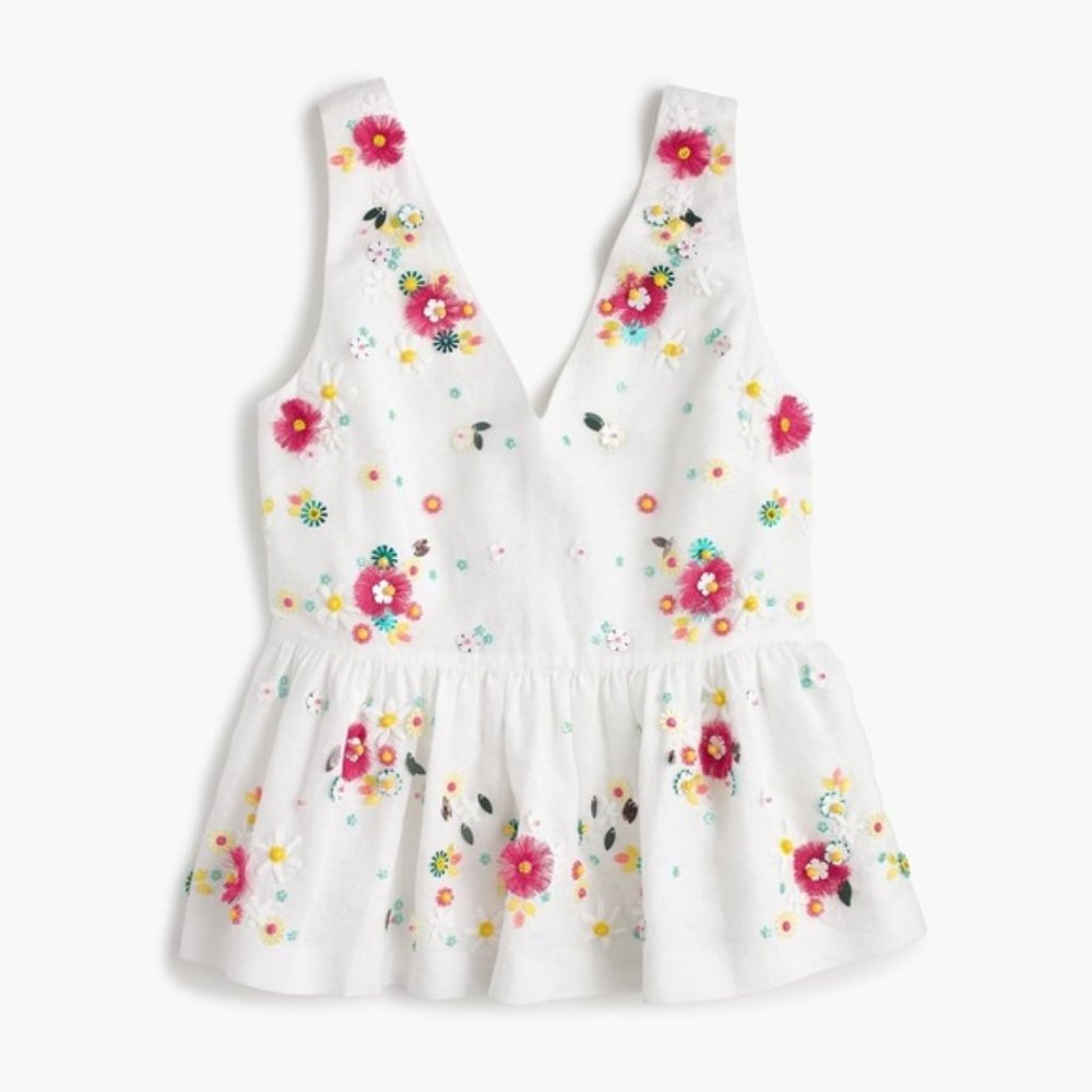 NWT J. Crew Hand Embellished Peplum Top White 2P